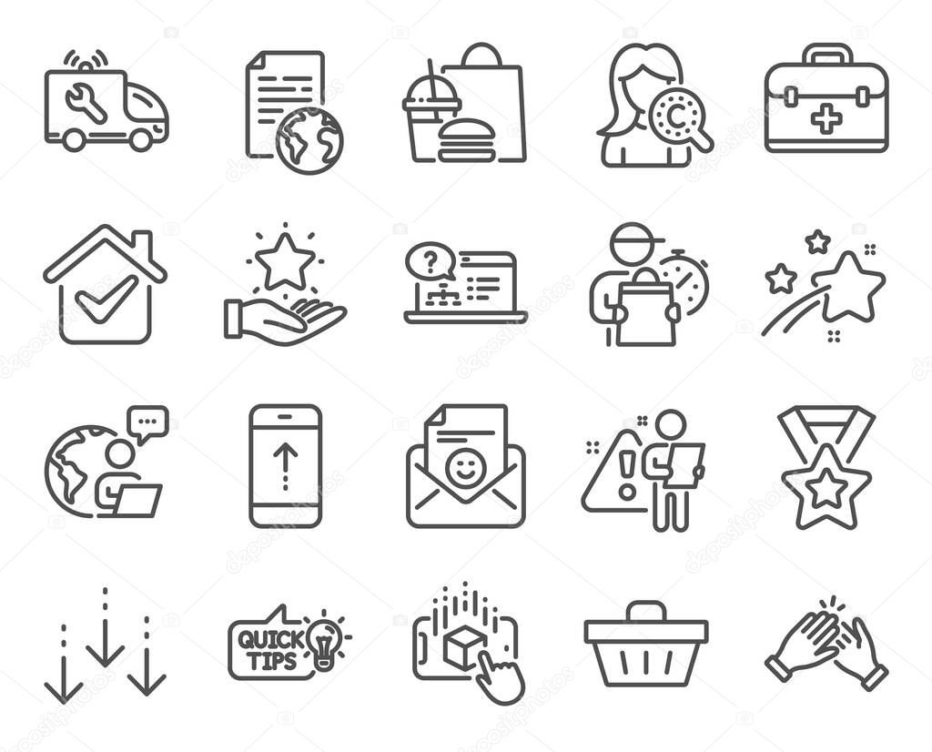Business icons set. Included icon as Augmented reality, Internet document, Loyalty program signs. First aid, Clapping hands, Shopping basket symbols. Online help, Car service, Swipe up. Vector