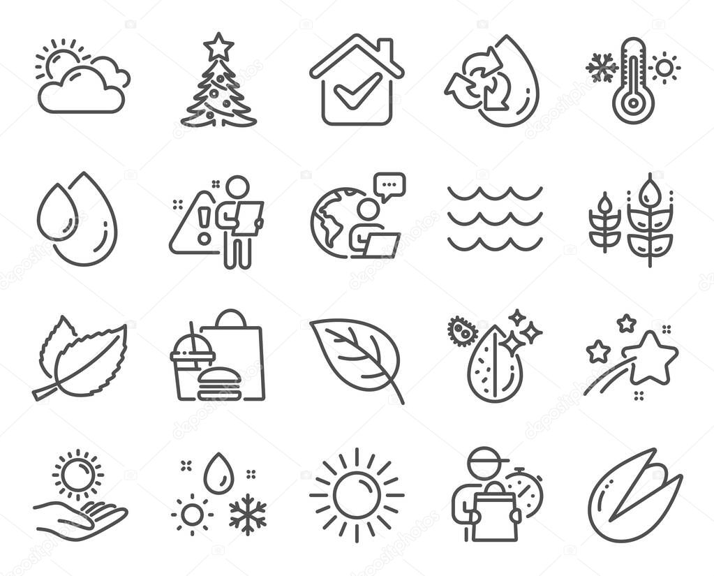 Nature icons set. Included icon as Weather, Sun protection, Christmas tree signs. Gluten free, Oil drop, Sun symbols. Dirty water, Recycle water, Waves. Thermometer, Mint leaves, Leaf. Vector