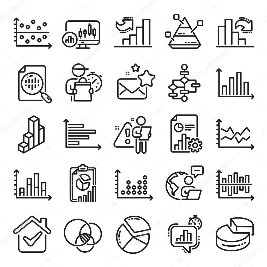 Charts and Diagrams line icons. Report, 3D Chart, Block diagram and Dot Plot graph linear icons. Trend, Pyramid and Pie chart report symbols. Presentation infochart, process flow diagram. Vector