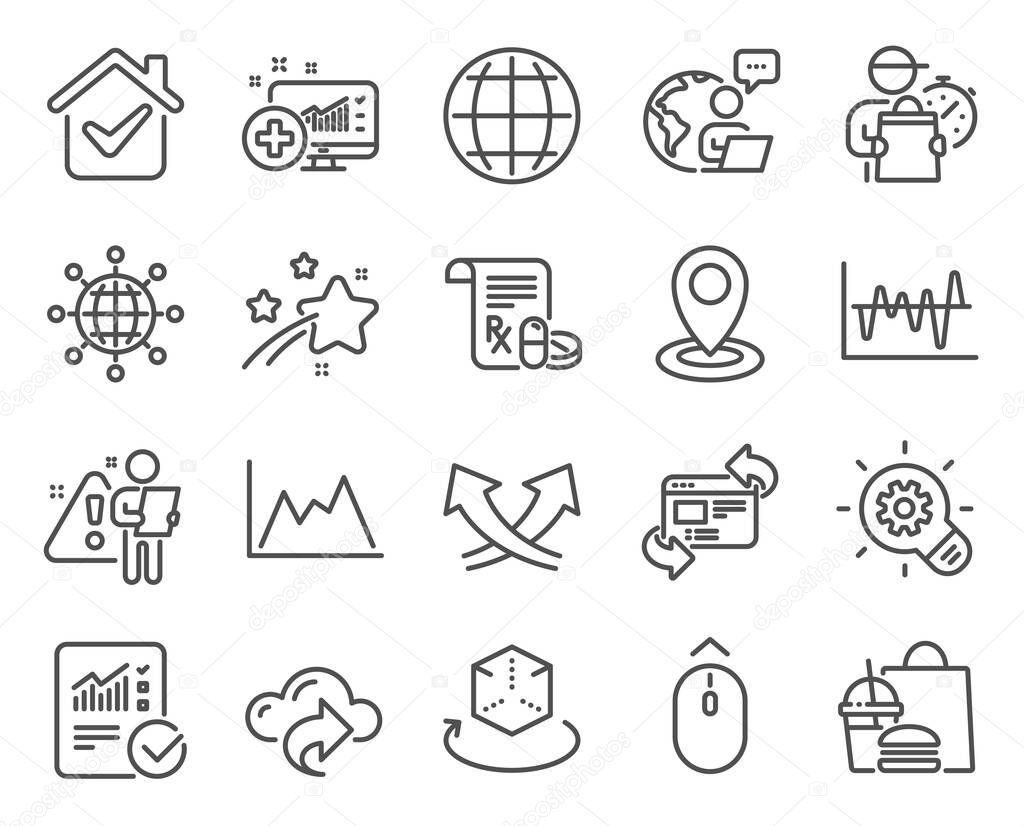 Science icons set. Included icon as Diagram, Location, Stock analysis signs. Intersection arrows, Checked calculation, Cloud share symbols. Medical analytics, Swipe up, Augmented reality. Vector