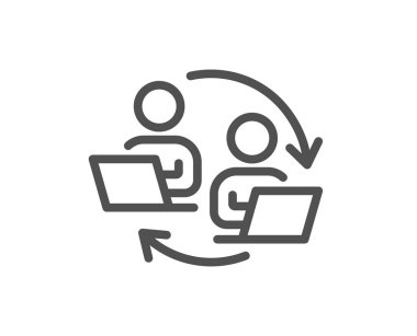 Takım çalışması işlem çizgisi simgesi. Uzaktan ofis işareti. Takım çalışanları sembolü. Kalite tasarım elemanı. Doğrusal stil takım çalışması simgesi. Düzenlenebilir felç. Vektör