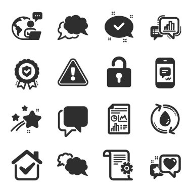 Teknik belgeler, su doldurma, belge raporlama gibi bir dizi teknoloji simgesi. Onaylandı, Grafik çizelgesi, Sohbet mesajı işaretleri. Kalp, Mesaj, Kilit. Sigorta madalyası, Messenger. Vektör