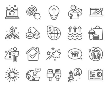 Bilim simgeleri ayarlandı. Buharlaşma, ana kart, bilgisayar kablo işaretleri olarak simge dahil. Tıbbi ilaçlar, adil ticaret, dünya para sembolleri. Çarklı ayarlar, kaydırma, takım çalışması. Coronavirus. Vektör