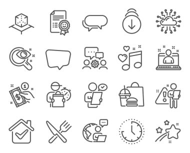 İş simgeleri ayarlandı. Bulut Ağı olarak simge, Aşağı Kaydır, Müşteri Anketi İşaretleri. Zaman, Messenger, Müzik sembollerini seviyorum. Yemek, gülümseme, görüş testi. En iyi menajer, güçlendirilmiş gerçeklik. Vektör