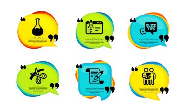 Kimya laboratuvarı, işe başla ve makas simgeleri basit set. Tırnak içinde konuşma balonu. Anlaşma belgesi, hızlı ipuçları ve araştırma işaretleri. Laboratuvar, fırlatma fikri, kurdele kesme. Vektör