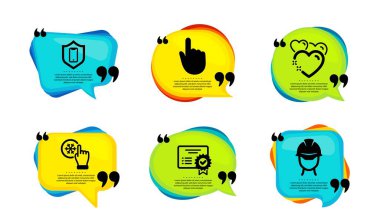 Dondurucu tıklama, Kalp ve Sertifika simgeleri basit bir set. Tırnak içinde konuşma balonu. Akıllı telefon koruması, el tıklama ve ustabaşı işaretleri. Klima, Aşk, Doğrulanmış Belge. Vektör