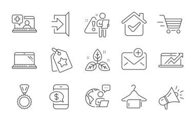 Adil ticaret, yeni posta ve satış diyagramı simgeleri ayarlandı. Tıbbi yardım, dizüstü bilgisayar ve çıkış işaretleri. Teslimat alışverişi, megafon ve telefon ödeme sembolleri. Madalya, temiz havlu ve sadakat etiketleri. Vektör