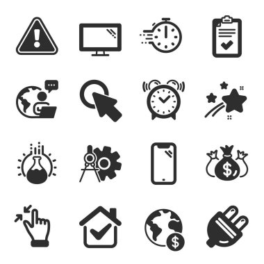 Tıklayın, Kimya deneyi, Monitör sembolleri gibi bir dizi teknoloji simgesi. Yemek saati, çark ayırıcıları, elektrik prizi işaretleri. Akıllı telefon, çek yatırımı, dokunmatik ekran jesti. Vektör