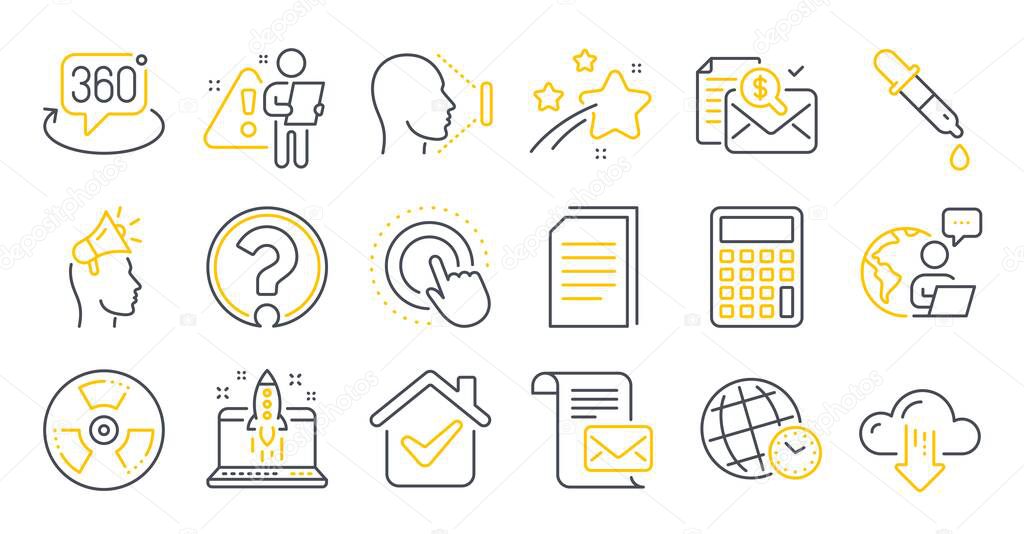 Set of Technology icons, such as Time zone, Brand ambassador, Copy files symbols. Cloud download, Chemical hazard, Calculator signs. Chemistry pipette, Face id, Click hand. Mail letter. Vector