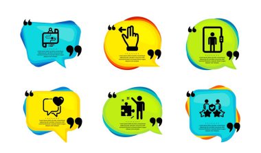 Strateji, Asansör ve Seyahat yolu simgeleri basit. Tırnak içinde konuşma balonu. Kalp, Dokunmatik Ekran jesti ve Güvenlik Teşkilatı işaretleri. İş planı, ofis ulaşımı, proje süreci. Vektör