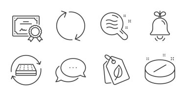 Nokta mesajı, Yatak ve Tazeleme satırı simgeleri ayarlandı. Biyolojik etiketler, sertifika ve tablet tabletleri. Deri durumu, Bell sembolleri. Sohbet balonu, uyku tulumu, rotasyon. İş seti. Vektör