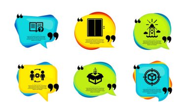 Mühendislik ekibi, basit kaldırma ve yardım simgeleri seti. Tırnak içinde konuşma balonu. Deniz feneri, kutu ve paket izleme tabelaları. Mühendis, Asansör, Belge. Vektör