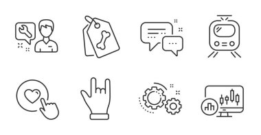 Tamirci, düğme ve Candlestick çizelgesi simgeleri hazır. Tren, evcil hayvan etiketleri ve vites tabelaları. Boynuz eller, çalışanlar kurye sembolleri. Onarım servisi, basın aşkı, rapor analizi. Vektör