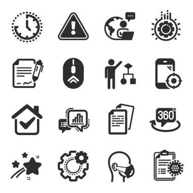 Grafik çizelgesi, çark, belge sembolleri gibi bir dizi bilim simgesi. Algoritma, kaydırma, Seo telefon işaretleri. Zaman, imza belgesi, 360 derece. Vites, Coronavirus raporu, tıbbi maske. Vektör