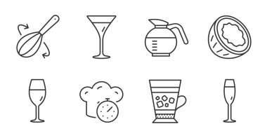 Fırça çırpma, Frappe ve Yemek pişirme zaman çizelgesi simgeleri hazır. Şarap kadehi, şampanya bardağı ve martini bardakları. Hindistan cevizi, kahve kabı sembolleri. Çatal bıçak takımı, soğuk içecek, Kronometre. Yiyecek ve içecek seti. Vektör