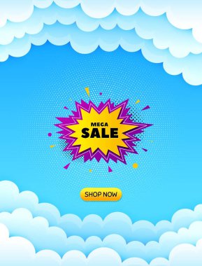 Mega satış etiketi. Mesaj içeren bulutlu gökyüzü arkaplanı. İndirimli afiş şekli. Kupon ikonu. En iyi reklam kuponu bulut afişi. Mega satış rozeti şeklinde. Mavi gökyüzü arka planı. Vektör