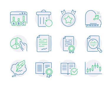Eğitim simgeleri ayarlandı. Sıralama yıldızı olarak simge, telif hakkı sohbeti, belge imzası işaretleri dahil edildi. Piyano, diploma, sertifika diploma sembolleri. Analitik çizelge, çöpler, araştırma sonuçları. Vektör