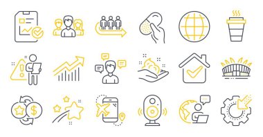 Takım çalışması, iletişim mesajları, Globe sembolleri gibi iş simgeleri. Seo giysileri, Sözcü, cilt bakım tabelaları. Rapor listesi, kapsül hapı, talep eğrisi. Sadakat puanları, paket servis. Vektör