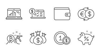 Bitcoin madenciliği, grafik dizüstü bilgisayar ve Usd madeni para çizgisi simgeleri ayarlandı. Borç yüzdesi, para değişimi ve online muhasebe tabelaları. Yatırımları, para cüzdanı sembollerini kontrol et. Kaliteli çizgi simgeleri. Vektör