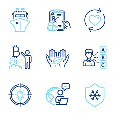 Satır simgeleri ayarlandı. İkon ticareti, fikir, temiz deri işaretleri dahil. Reçeteli ilaçlar, gemi, fikir simgeleri. Bitcoin projesi, ilişki çizgisi simgelerini güncelle. Güvenli doğa, çözüm. Vektör