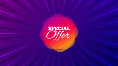 Özel teklif afişi. Mor arkaplan ve teklif mesajı. İndirimli çıkartma şekli. İndirim kuponu ikonu. En iyi reklam kuponu afişi. Özel teklif rozet şekli. Soyut arkaplan. Vektör