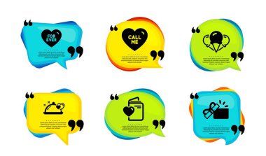 Romantik yemek, aşk belgesi ve sonsuza dek simgeler. Tırnak içinde konuşma balonu. Dondurma, beni ara ve hediye tabelalarını aç. Restoran yemekleri, nüfus dairesi, sevgiler. Vektör