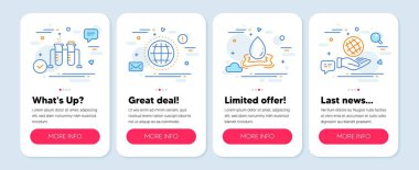 Kimya deney şişesi, Globe, Su sıçrama sembolleri gibi bir dizi bilim simgesi. Mobil ekran uygulama pankartları. Güvenli gezegen çizgisi simgeleri. Laboratuvar matarası, internet dünyası, su damlası. Ekoloji. Vektör