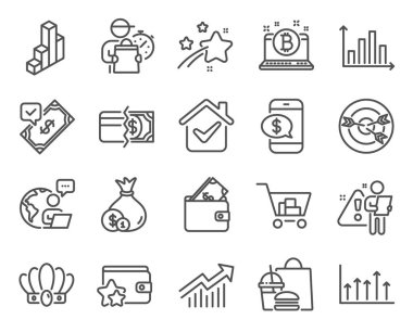 Finans simgeleri ayarlandı. Bitcoin olarak simge, 3D grafik, internet alışveriş tabelaları. Taç, kabul edilmiş ödeme, hedefleme sembolleri. Ödeme yöntemleri, talep eğrisi, büyüme çizelgesi. Sadakat programı. Vektör