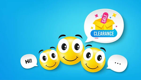Transparent Zum Räumungsverkauf Lächeln Gesicht Mit Sprechblase Rabatt Aufkleberbox Sonderangebot — Stockvektor