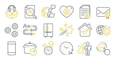 Teslimat servisi, Seo ekipmanı, Analitik grafik sembolleri gibi bir dizi teknoloji simgesi. Akıllı telefon, 24 saat, buzdolabı işaretleri. Kaynama tavası, zaman yönetimi, onaylanmış posta. Dişliler, sevmezler. Vektör