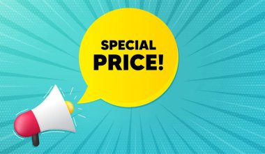 Özel fiyat sembolü. Megafonla arka plan. Satış tabelası. Reklam indirimi sembolü. Megafon bayrağı. Özel fiyat konuşma balonu. Hoparlör arkaplanı. Vektör