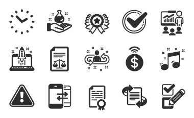 Kazanan kurdele, Checkbox ve işe alma simgeleri basit set. Zaman, pazarlama ve kimya laboratuvar işaretleri. Telefon iletişimi, müzik notası ve onaylanmış semboller. Düz simgeler ayarlandı. Vektör