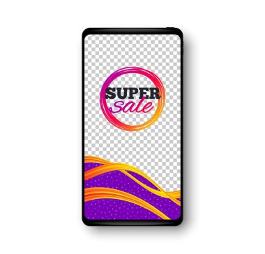 Süper satış afişi. Telefon modelleme vektör pankartı. İndirimli çıkartma şekli. Kupon ikonu. Sosyal hikaye posta şablonu. Süper satış rozeti. Cep telefonu çerçevesi. Sıvı modern arka plan. Vektör