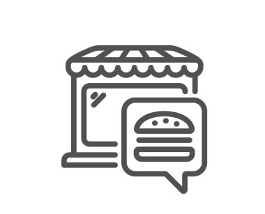 Yiyecek pazarı çizgisi ikonu. Fast food restoranı tabelası. Pazarlama sembolü. Kalite tasarım elemanı. Doğrusal stil yiyecek pazarı simgesi. Düzenlenebilir felç. Vektör