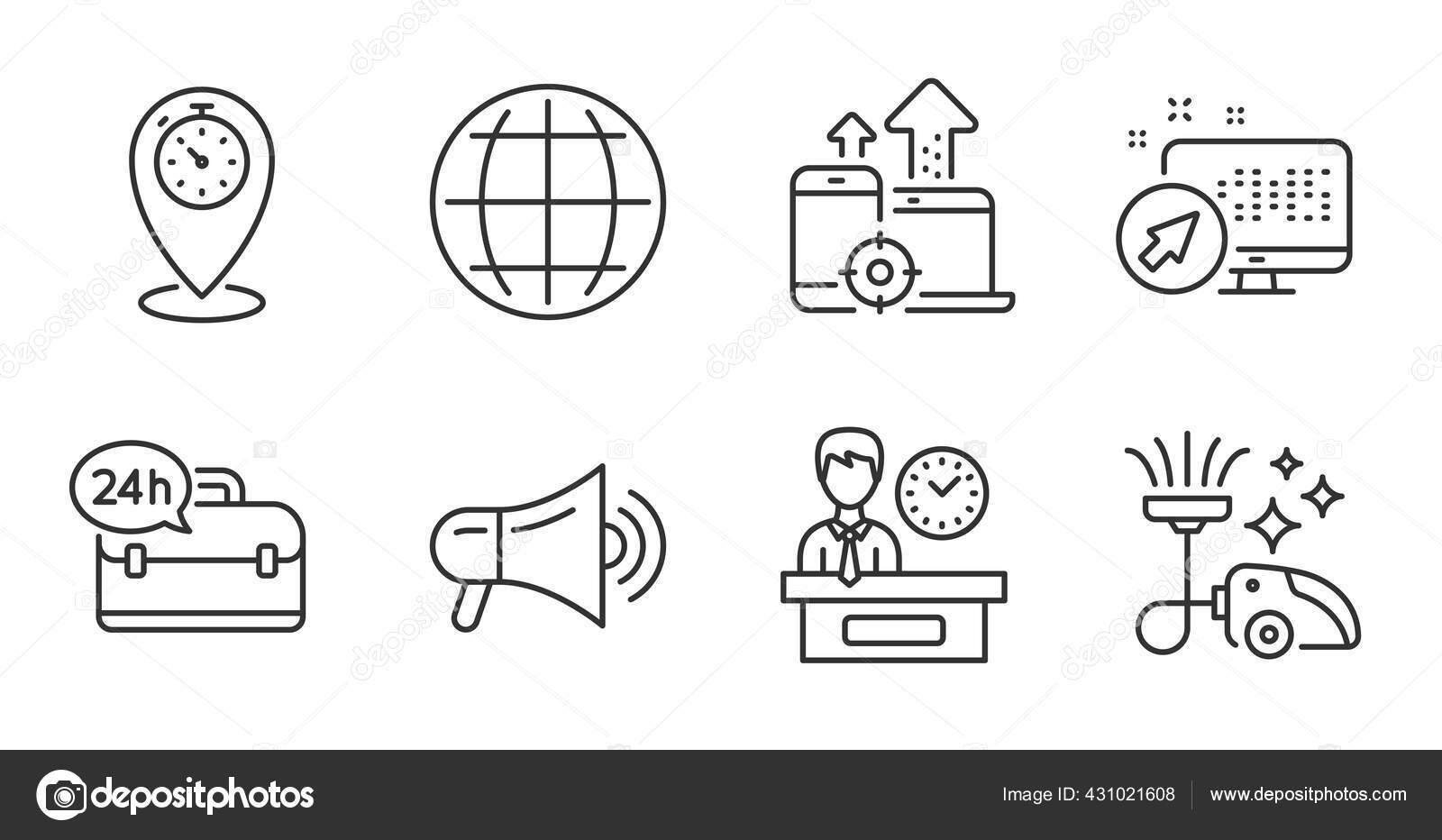 Vacuum Cleaner Seo Devices Timer Line Icons Set Globe Megaphone Stock