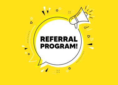 Yönlendirme programı sembolü. Megafon sarı vektör pankartı. Arkadaş tabelasına atıfta bulun. Reklam referansı. Tırnak içinde düşünce balonu. Program sohbeti megafon mesajını düşünün. Vektör