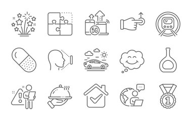 Sürüklenme, 5g internet ve kapsül hap hattı simgeleri ayarlandı. Gülümse, konyak şişesi ve araba tabelası. Havai fişek yıldızları, restoran yemekleri ve metro sembolleri. Yüz tanıma, en iyi rütbe ve bulmaca. Vektör