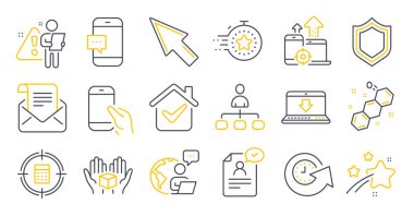 Seo cihazları, akıllı telefon mesajı, zamanlayıcı sembolleri gibi bir dizi teknoloji simgesi. Belgeye devam et, kimyasal formül, güvenlik işaretleri. Posta bülteni, Fare imleci, Hesap Makinesi hedefi. Vektör