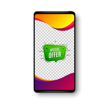 Özel teklif afişi. Telefon modelleme vektör pankartı. İndirimli çıkartma şekli. İndirim kuponu ikonu. Sosyal hikaye posta şablonu. Özel teklif rozeti. Cep telefonu çerçevesi. Sıvı modern arka plan. Vektör