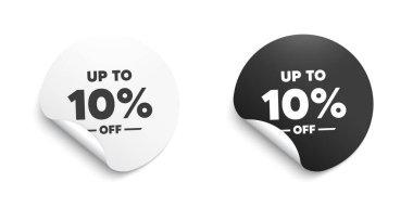 % 10 'a kadar indirimli. Üzerinde mesaj olan yuvarlak çıkartma. İndirimli fiyat tabelası. Özel teklif sembolü. Yüzde 10 tasarruf et. Çember çıkartma afişi. İndirimli rozet şekli. Vektör