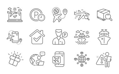 Arama paketi, gemi yolculuğu ve uçuş modu simgeleri ayarlandı. Uçuş uygulaması, park süresi ve arama uçuş işaretleri. Lojistik ağı, gemi ve uşak sembolleri. Satır simgeleri ayarlandı. Vektör