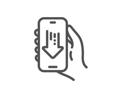 Uygulama satırı simgesi indir. El ele tutuşun işareti. Ekran uyarı sembollü cep telefonu. Kalite tasarım elemanı. Doğrusal biçim indirme uygulaması simgesi. Düzenlenebilir felç. Vektör