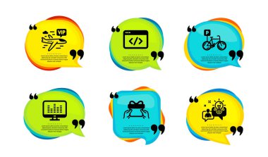 Seo script, hediye ve Vip uçuş simgeleri basit seti. Tırnak içinde konuşma balonu. Müzik yapma, bisiklet park etme ve fikir tabelaları. Programlama, bir hediye al, Charter uçağı. Vektör
