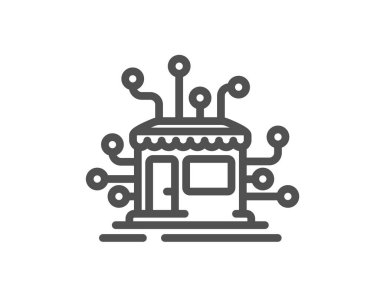 Dağıtım ağı çizgi simgesi. Market tabelası. Marketin ambar sembolü. Kalite tasarım elemanı. Doğrusal dağıtım simgesi. Düzenlenebilir felç. Vektör