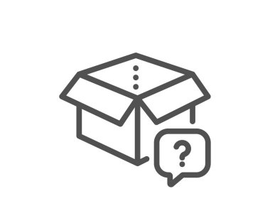 Gizli paket hattı simgesi. Bilinmeyen teslimat kutusu işareti. Soru işareti sembolü. Kalite tasarım elemanı. Doğrusal stil gizli paket simgesi. Düzenlenebilir felç. Vektör