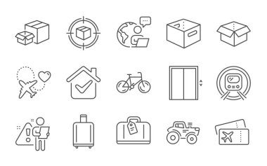 Asansör, biniş kartı ve Balayı seyahat çizgisi simgeleri ayarlandı. Posta kutusu, bagaj geri alma ve traktör işaretleri. Metro, açık kutu ve el bagajı sembolleri. Satır simgeleri ayarlandı. Vektör