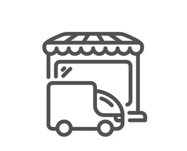 Teslimat pazarı simgesi. Taşıma levhasını sakla. Pazarlama sembolü. Kalite tasarım elemanı. Doğrusal dağıtım kamyonu simgesi. Düzenlenebilir felç. Vektör