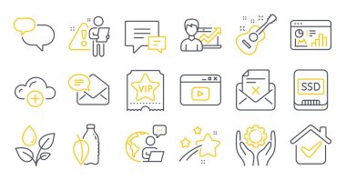 Set of Business icons, such as New mail, Vip ticket, Plants watering symbols. Water bottle, Success business, Seo statistics signs. Chat message, Reject letter, Ssd. Video content, Guitar. Vector clipart