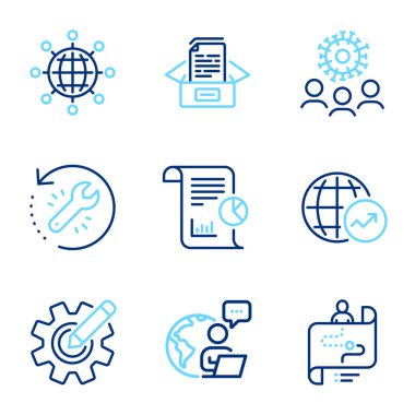 Bilim simgeleri ayarlandı. Kurtarma aracı olarak simge, belge kutusu, uluslararası dünya tabelaları dahil. Dünya istatistikleri, Coronavirus, Seyahat yolu sembolleri. Cogwheel çizgi simgeleri, rapor verin. Satır simgeleri ayarlandı. Vektör