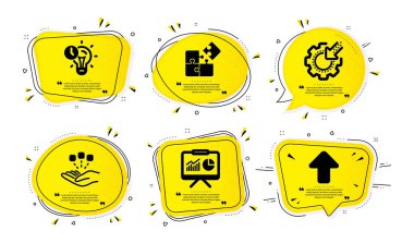 Puzzle, Consolidation and Presentation icons simple set. Yellow speech bubbles with dotwork effect. Time management, Seo gear and Upload signs. Vector clipart